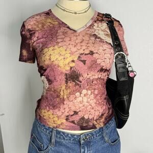 Y2k Mesh Sheer Baby Tee T-Shirt Floral V-Neck Large Karen Kane